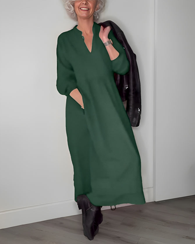 Robe longue femme Amanda – robe élégante à col en V et manches longues pour l’hiver