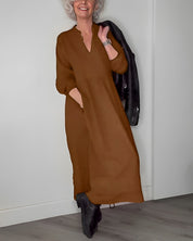 Robe longue femme Amanda – robe élégante à col en V et manches longues pour l’hiver