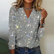 Pull femme pailleté à col V – élégant & scintillant