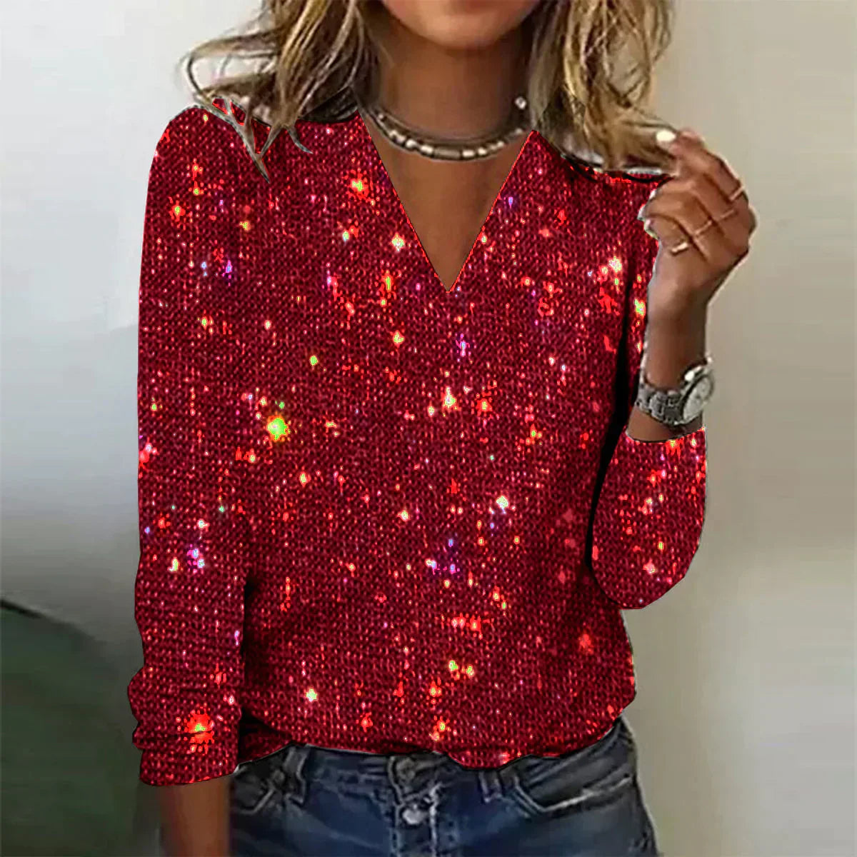 Pull femme pailleté à col V – élégant & scintillant