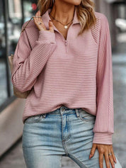 Pull demi-zip côtelé femme — coupe relaxée & manches longues