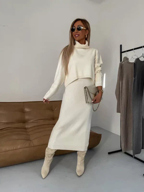 Ensemble femme Solange – robe midi élégante avec pull col roulé assorti