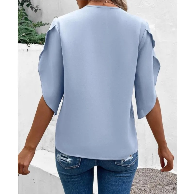 Blouse femme col V dentelle – haut élégant été en tissu léger et respirant