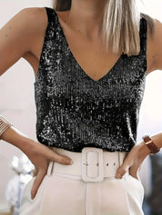 Top femme à paillettes – haut élégant à col V scintillant pour soirées & fêtes