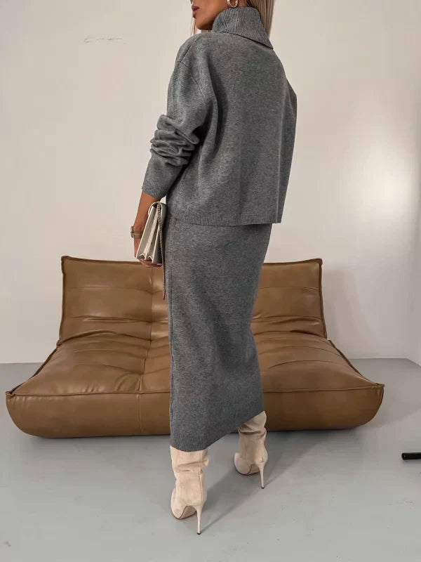 Ensemble femme Solange – robe midi élégante avec pull col roulé assorti