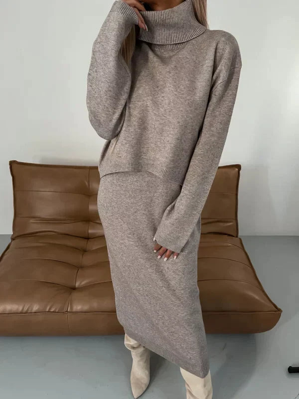Ensemble femme Solange – robe midi élégante avec pull col roulé assorti