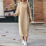 Robe midi femme en maille – col roulé & manches longues | Élégante & chaude