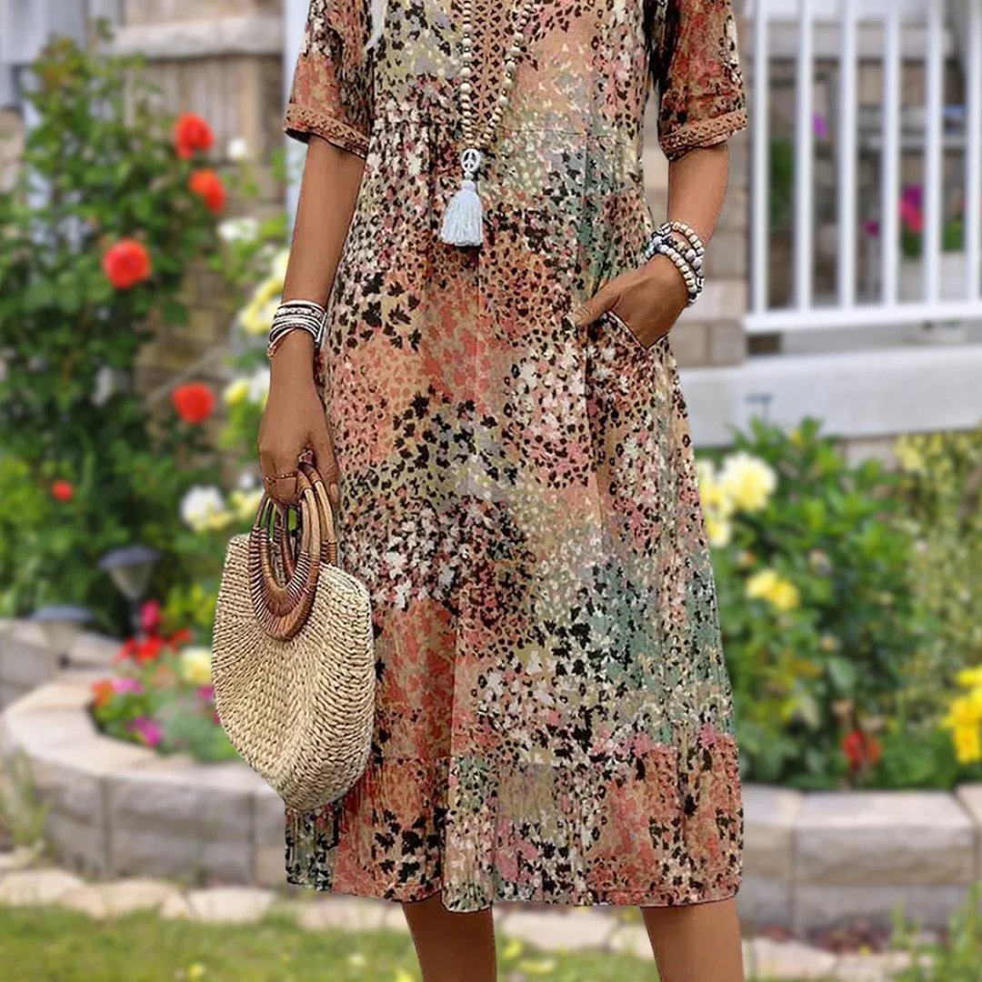 Robe d’été midi femme – Coupe fluide avec manches courtes et poches