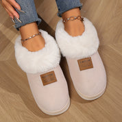 Chaussons femme beige – pantoufles douillettes avec doublure en fausse fourrure & semelle antidérapante