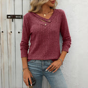 Blouse femme casual unie col V boutonné – Manches longues élégantes