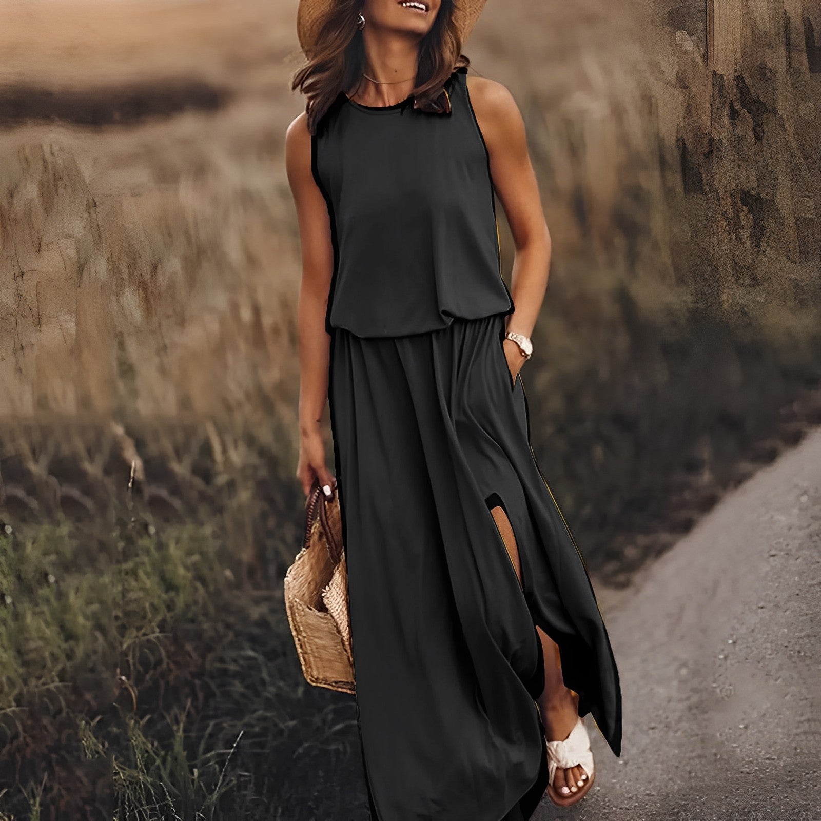 Robe longue boho blanche femme — maxi robe soirée sans manches avec fente élégante
