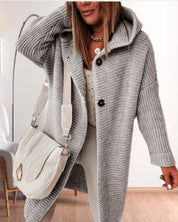 Veste femme casual en maille douce – Capuche & fermeture boutonnée