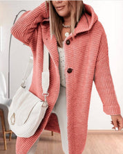 Veste femme casual en maille douce – Capuche & fermeture boutonnée
