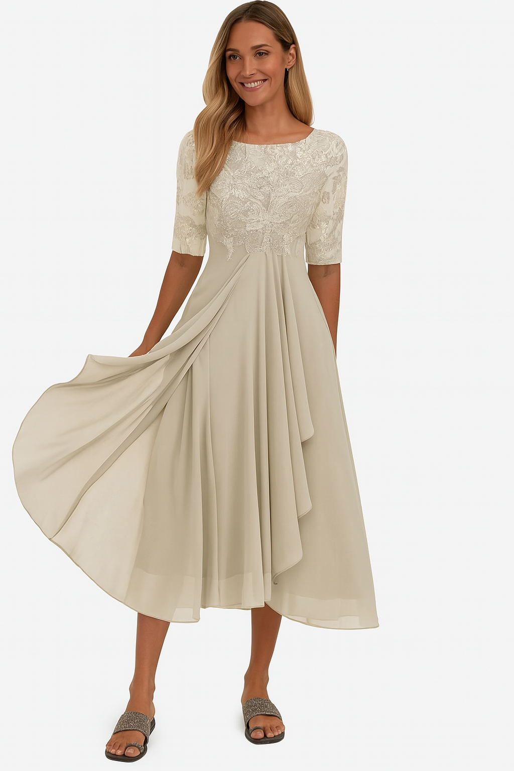 Robe de fête femme en chiffon et dentelle – modèle mi-long élégant coupe A-ligne