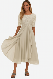 Robe de fête femme en chiffon et dentelle – modèle mi-long élégant coupe A-ligne