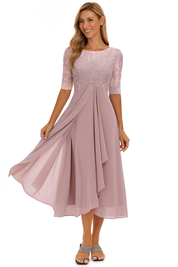 Robe de fête femme en chiffon et dentelle – modèle mi-long élégant coupe A-ligne