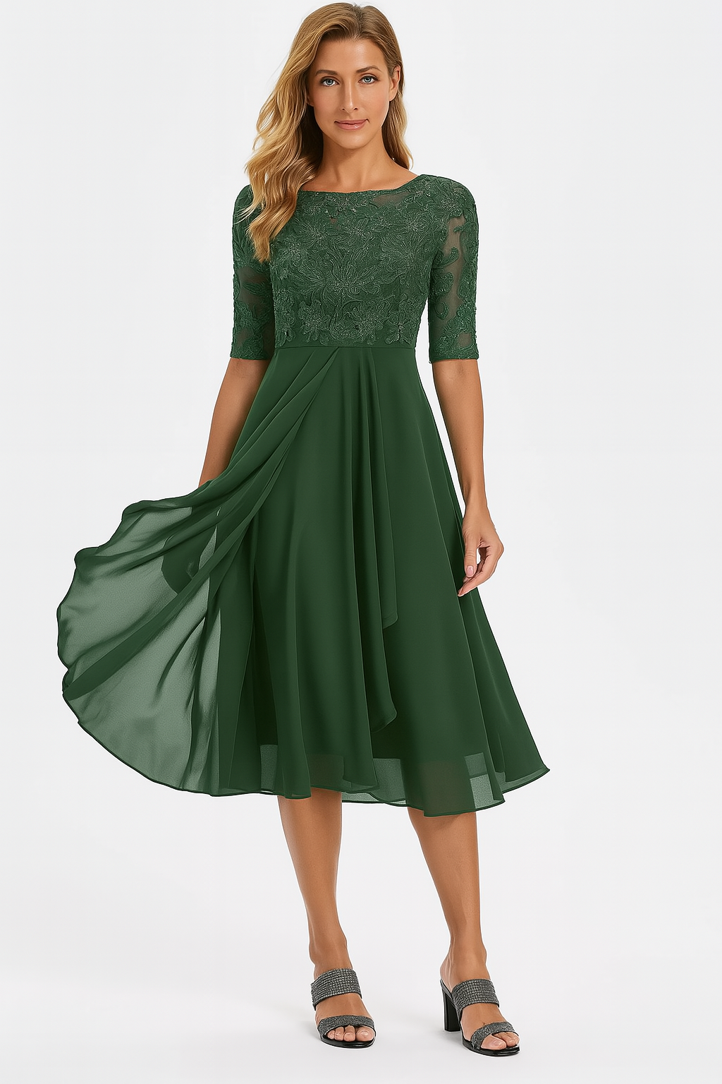 Robe de fête femme en chiffon et dentelle – modèle mi-long élégant coupe A-ligne