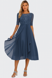Robe de fête femme en chiffon et dentelle – modèle mi-long élégant coupe A-ligne