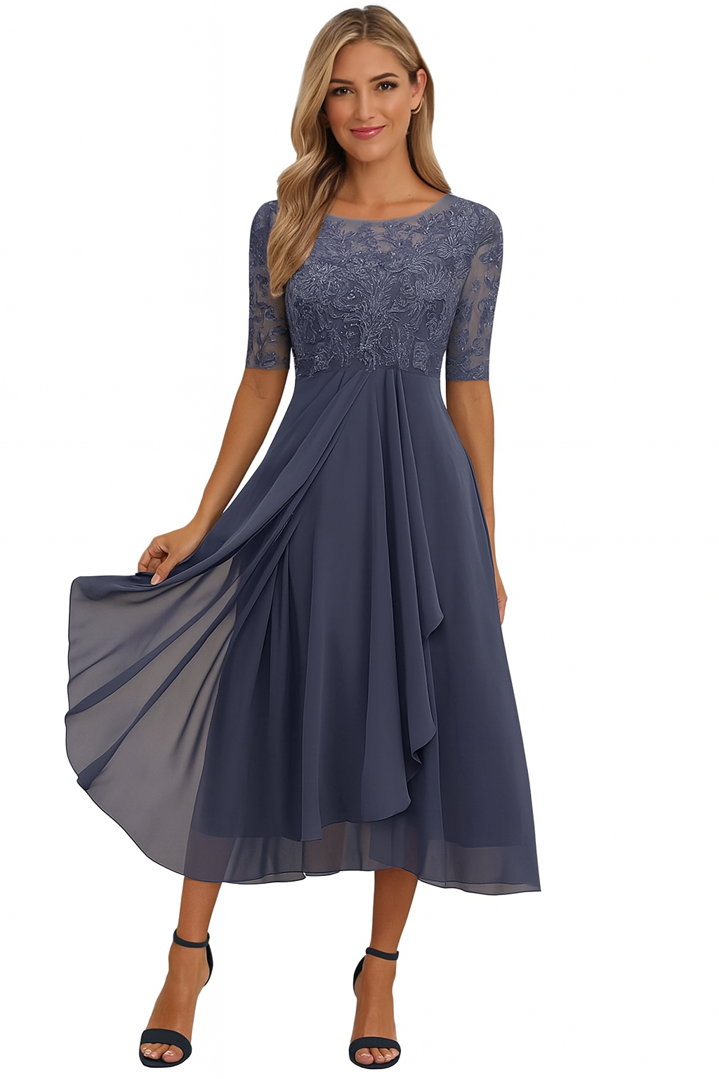 Robe de fête femme en chiffon et dentelle – modèle mi-long élégant coupe A-ligne