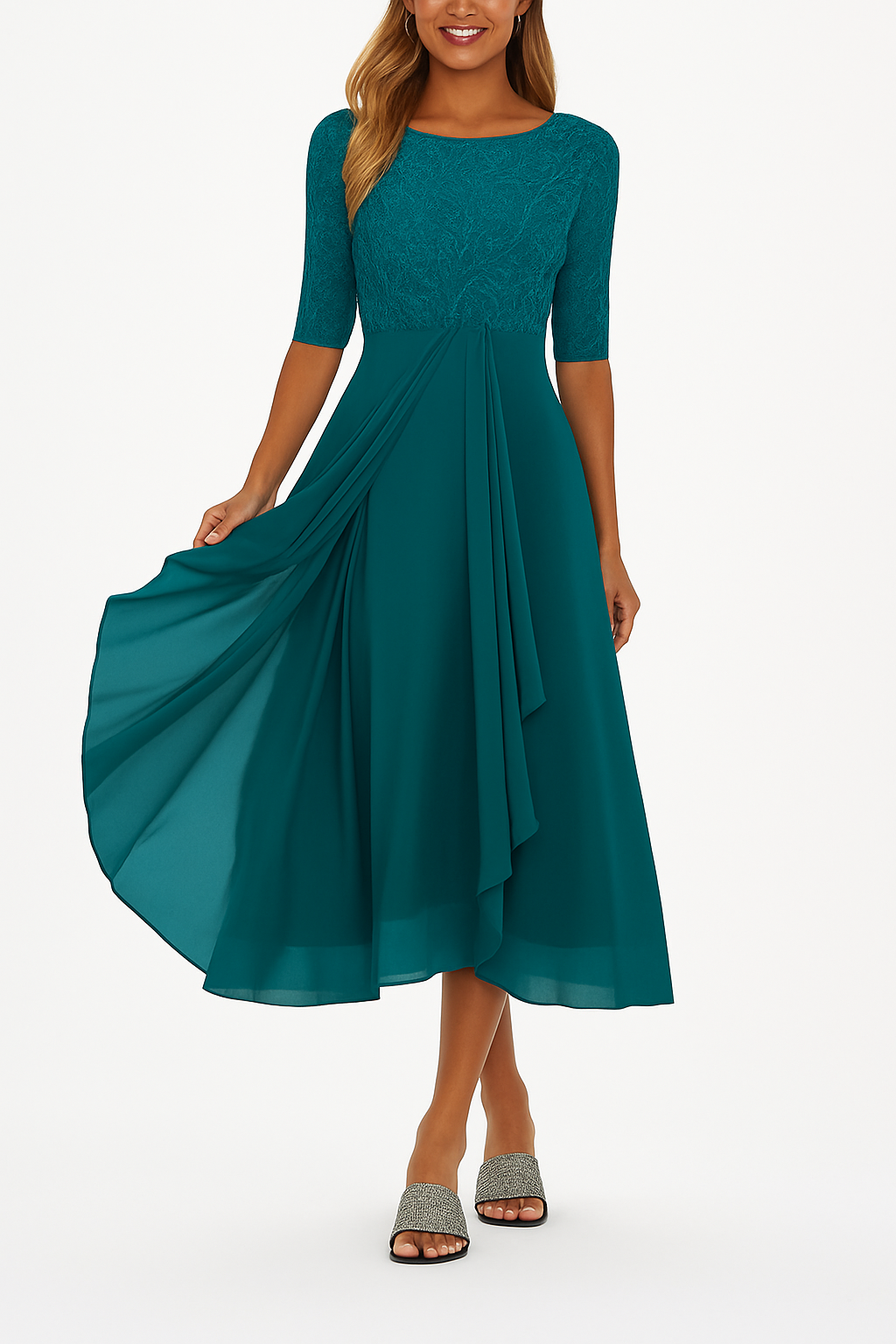 Robe de fête femme en chiffon et dentelle – modèle mi-long élégant coupe A-ligne
