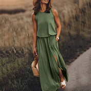 Robe longue boho blanche femme — maxi robe soirée sans manches avec fente élégante