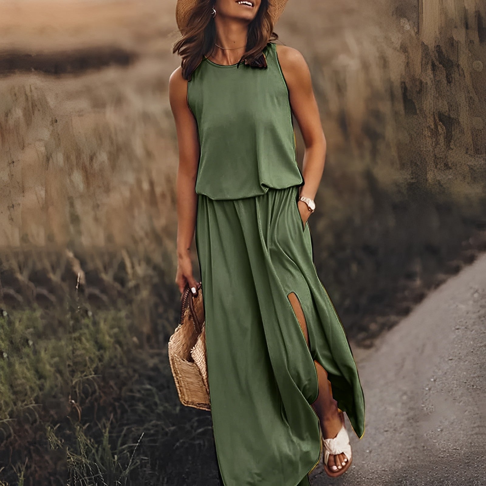 Robe longue boho blanche femme — maxi robe soirée sans manches avec fente élégante