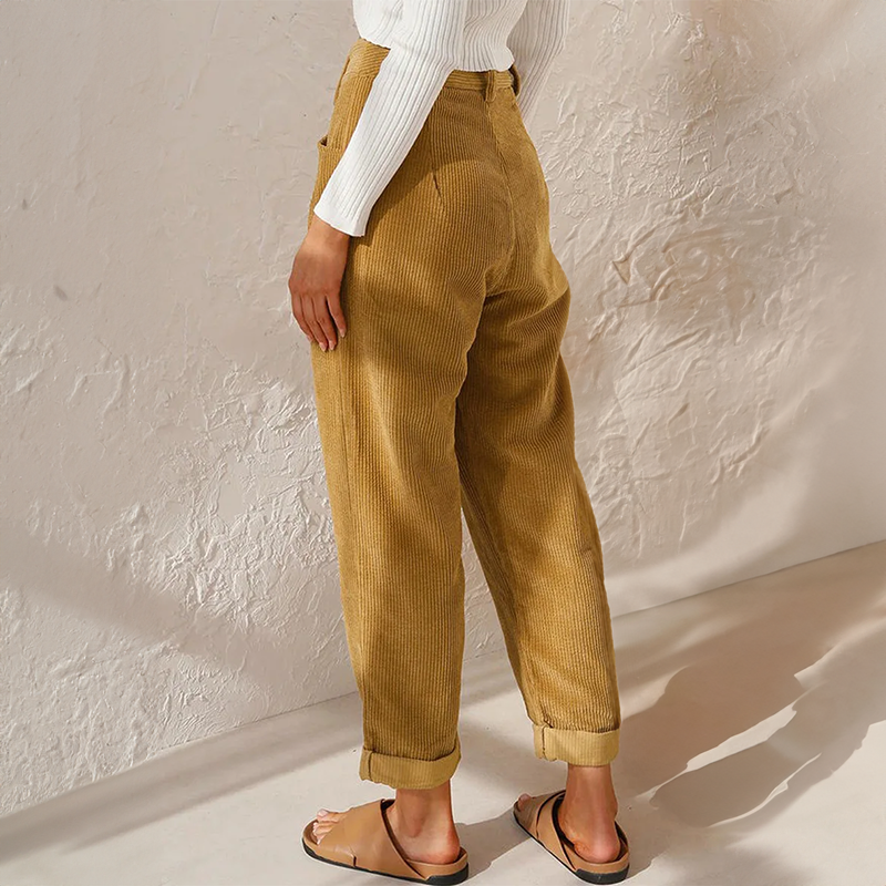 Pantalon femme en velours côtelé – taille haute élastique & coupe fluide