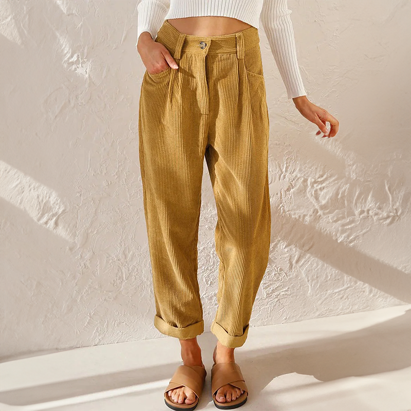 Pantalon femme en velours côtelé – taille haute élastique & coupe fluide