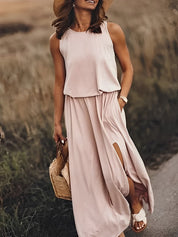 Robe longue boho blanche femme — maxi robe soirée sans manches avec fente élégante