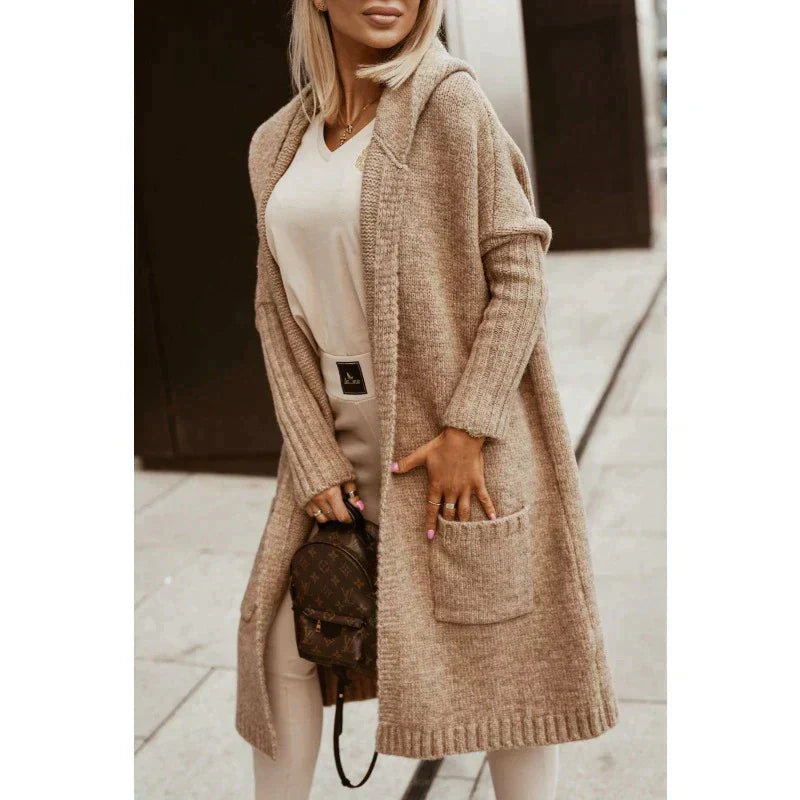 Cardigan long femme Margo – maille avec capuche & coupe oversize