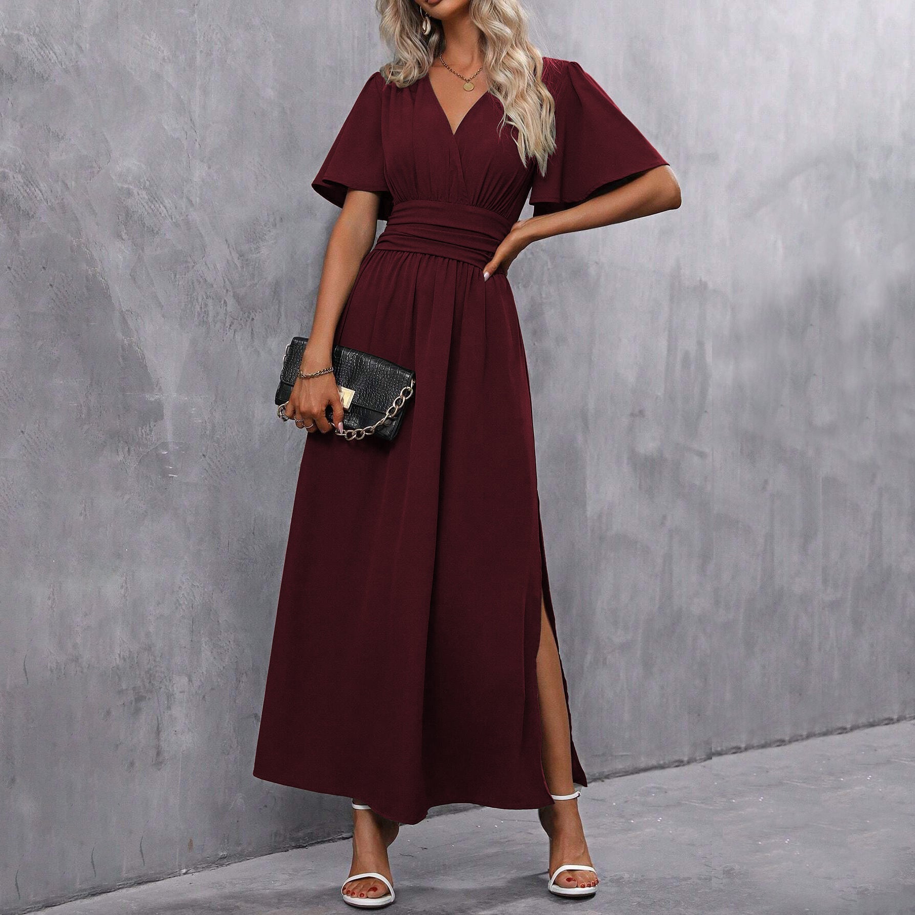 Robe longue noire femme – robe élégante à col V, manches papillon et fente latérale