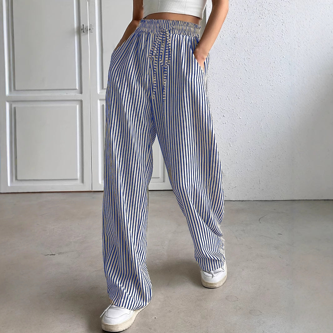 Pantalon femme à rayures – pantalon large avec taille élastique & poches latérales