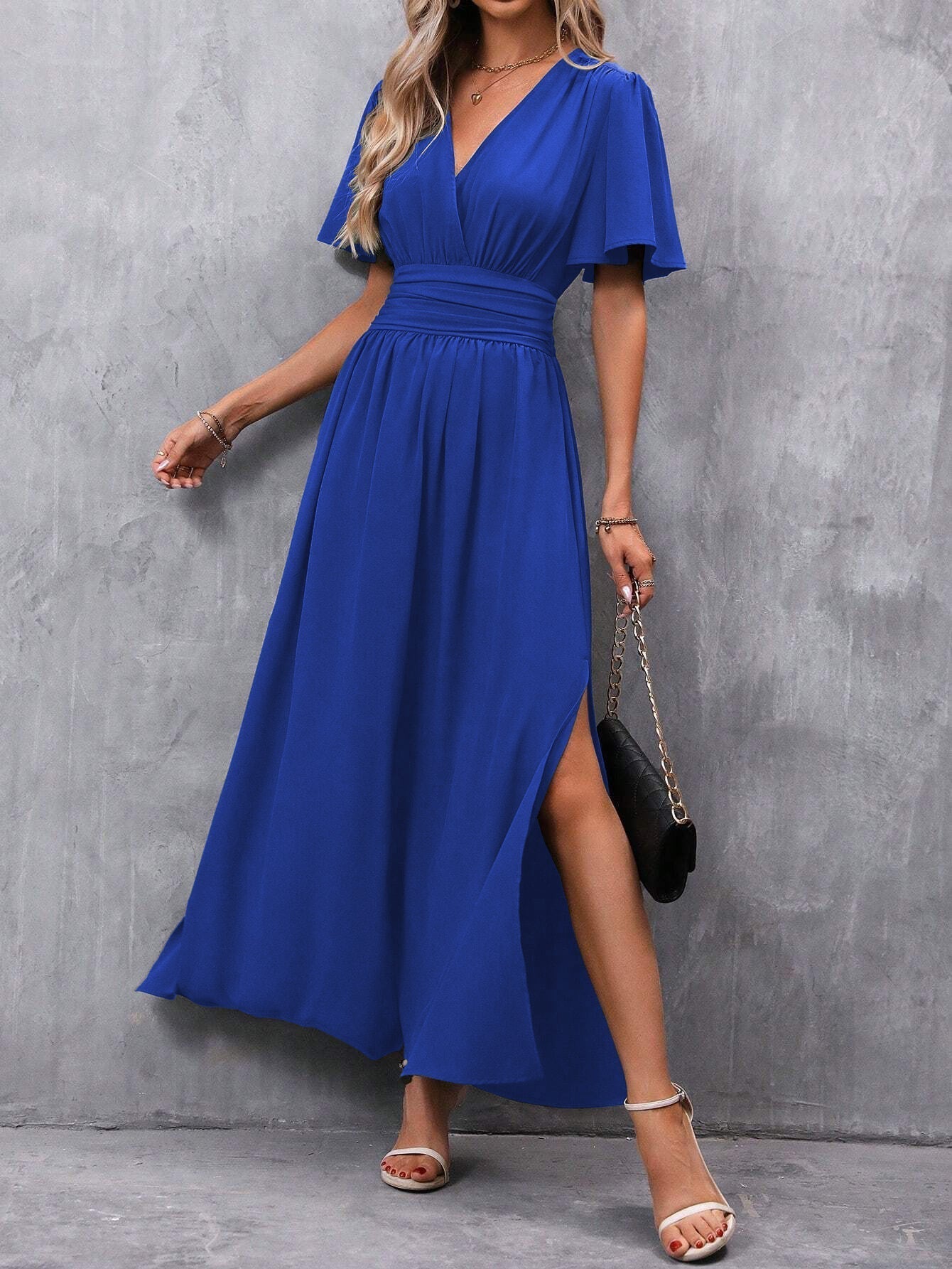 Robe longue noire femme – robe élégante à col V, manches papillon et fente latérale