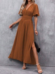 Robe longue noire femme – robe élégante à col V, manches papillon et fente latérale