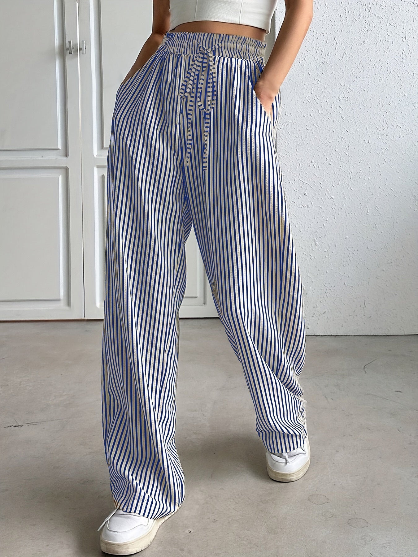 Pantalon femme à rayures – pantalon large avec taille élastique & poches latérales