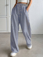 Pantalon femme à rayures – pantalon large avec taille élastique & poches latérales
