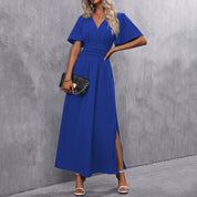 Robe longue noire femme – robe élégante à col V, manches papillon et fente latérale