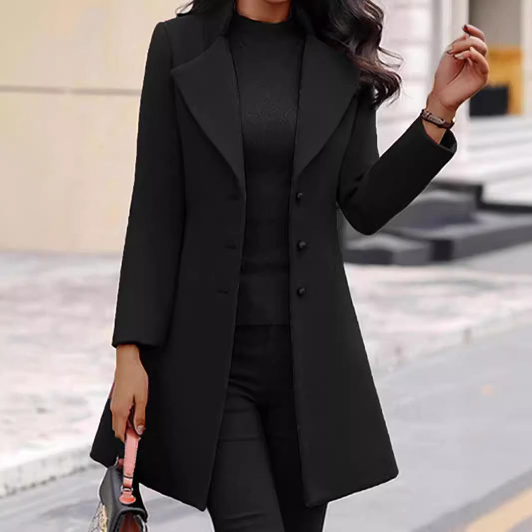 Manteau femme en laine – manteau long élégant avec col à revers et fermeture à boutons