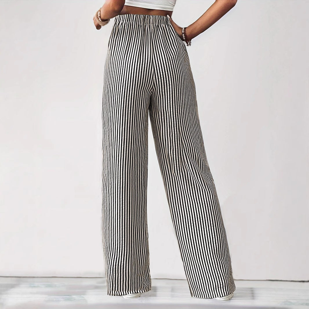 Pantalon femme à rayures – pantalon large avec taille élastique & poches latérales