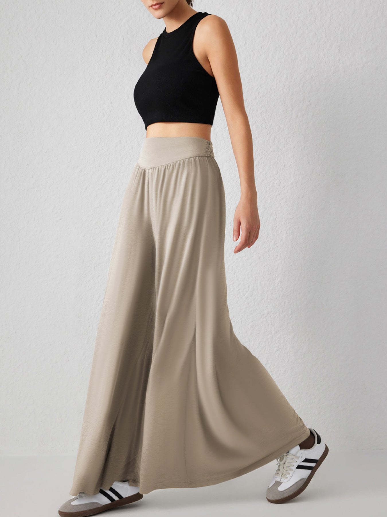 Pantalon femme en jersey – taille haute à jambes larges et coupe confortable