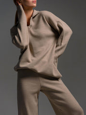 SEMNA Cozy Lounge Set femme – ensemble comfy ivoire col & pantalon wide-leg