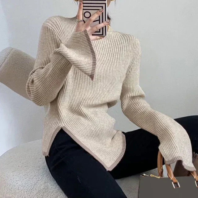 Pull femme manches évasées – tricot élégant col montant demi-saison hiver