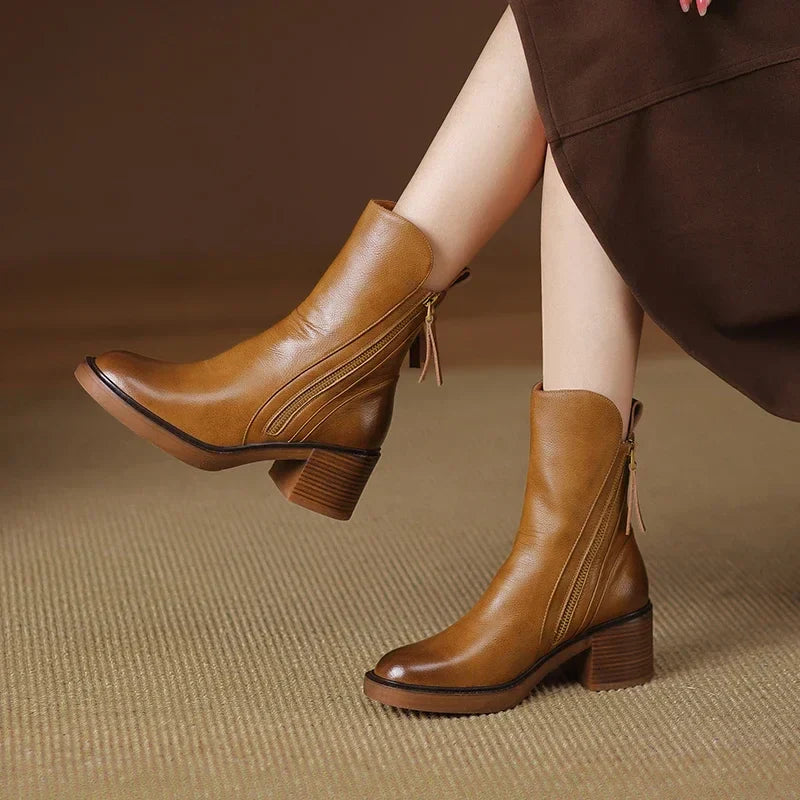 Bottines femme en cuir – élégantes bottines à talon avec fermeture zippée