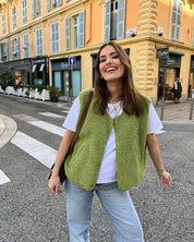 Gilet femme Ovelia – bodywarmer en laine mélangée avec col en V & boutons élégants
