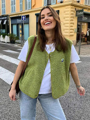 Gilet femme Ovelia – bodywarmer en laine mélangée avec col en V & boutons élégants