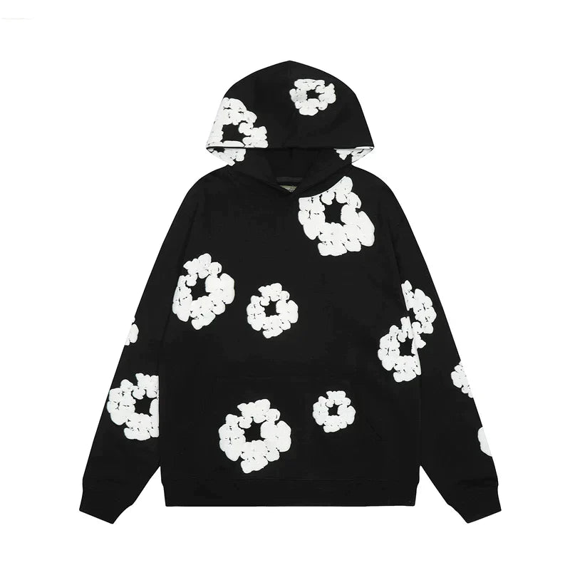 Hoodie unisexe noir imprimé fleurs – style casual & confort