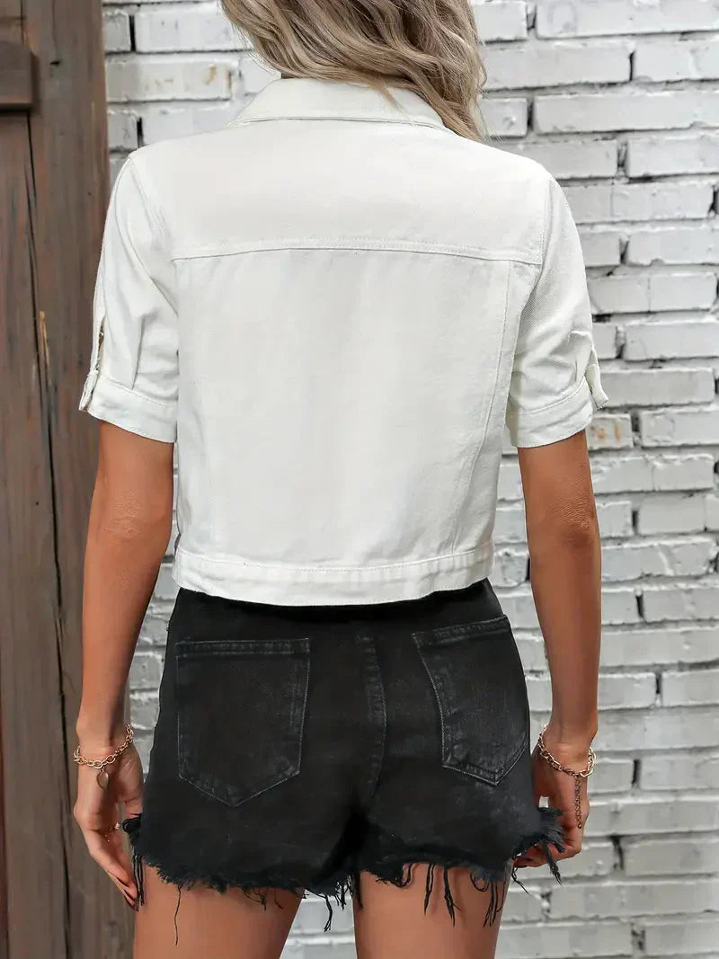 Veste femme en denim manches courtes – cropped, léger & tendance été