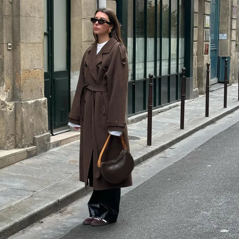 Manteau femme Grace – trench long en laine avec ceinture & double boutonnage élégant