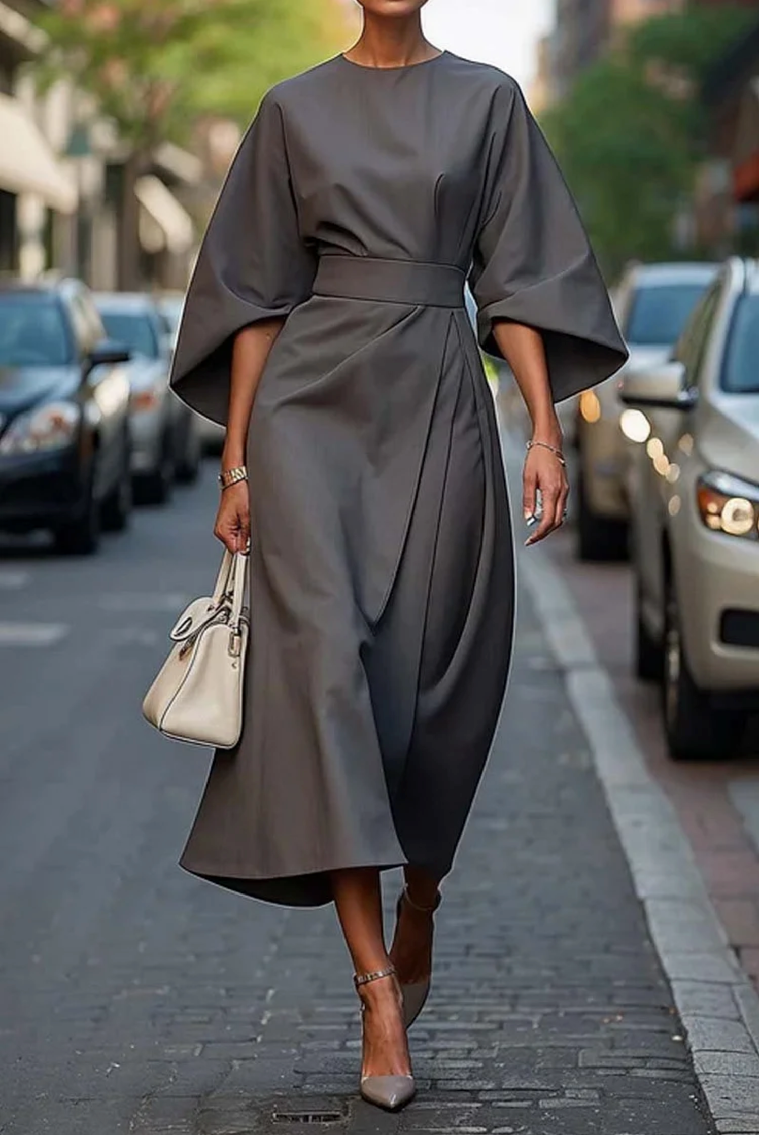 Robe midi élégante à manches lanterne — silhouette flatteuse & chic tendance
