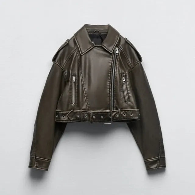 Veste biker femme Heidi – blouson court avec ceinture & détails zippés modernes